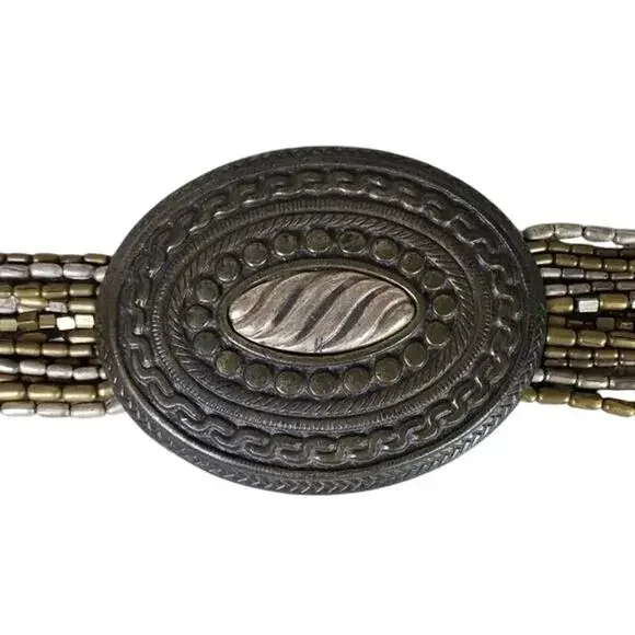 Chico’s Pewter Beaded Strand Chain Belt | Statement Oval Medallion - Picture 4 of 6